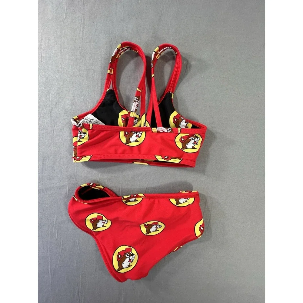 Buc-ee's Girls YXS Red Two-Piece Swimsuit All Over‎ Logo Beaver Print